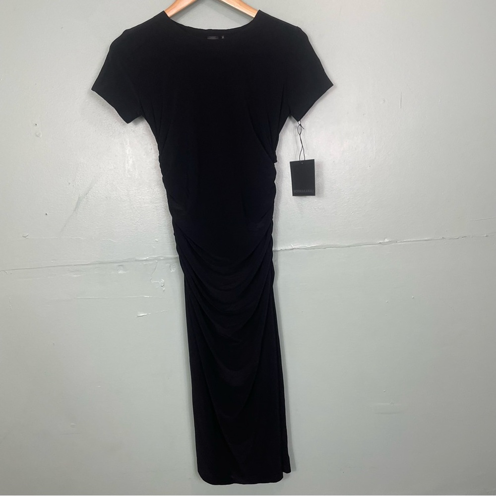 Norma Kamali Short Sleeve Crew Neck Shirred Waist‎ Dress Black Midi Body Con - Picture 4 of 11